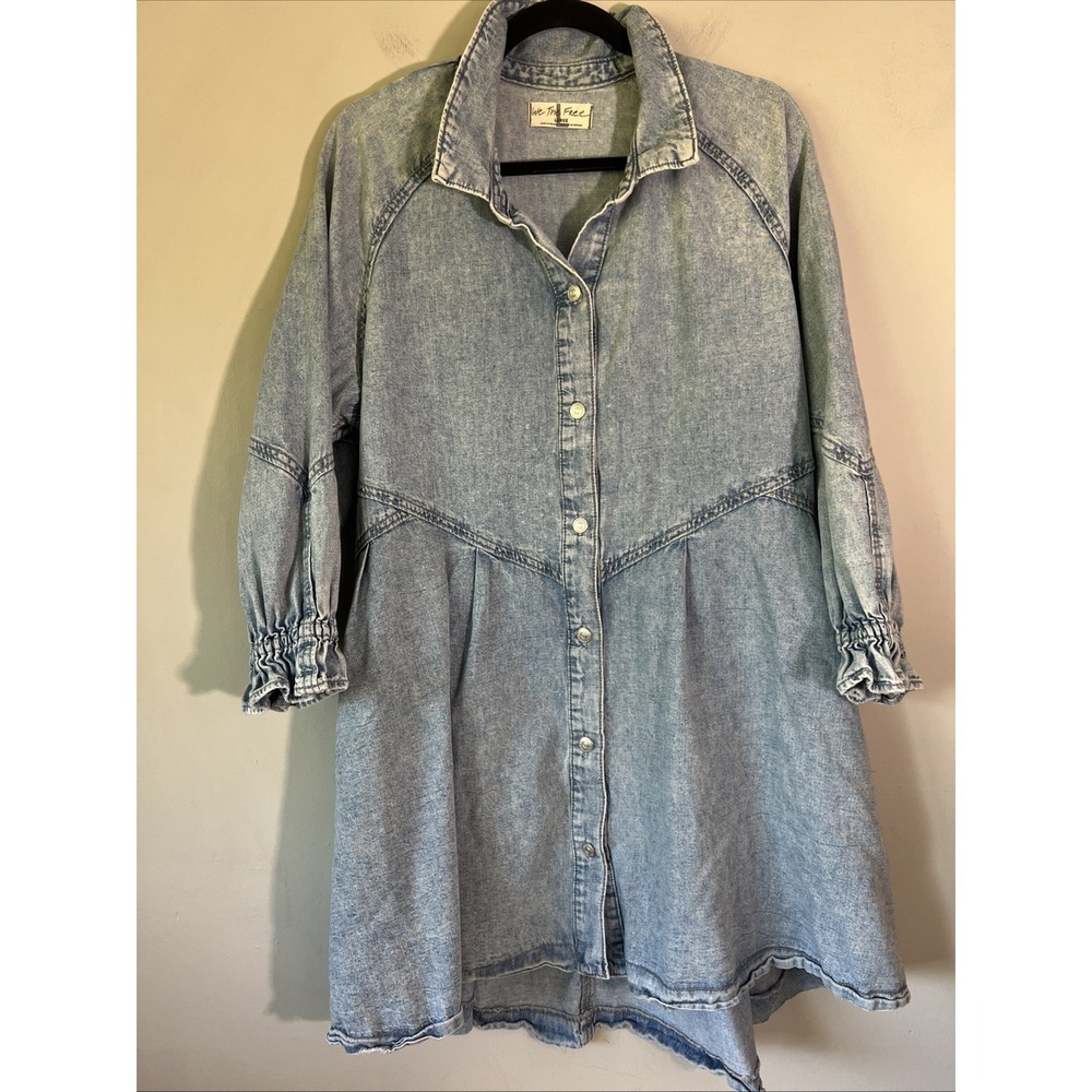 We The Free People Dress Women L Hannah Mini Denim Shirtdress Button Up Pockets